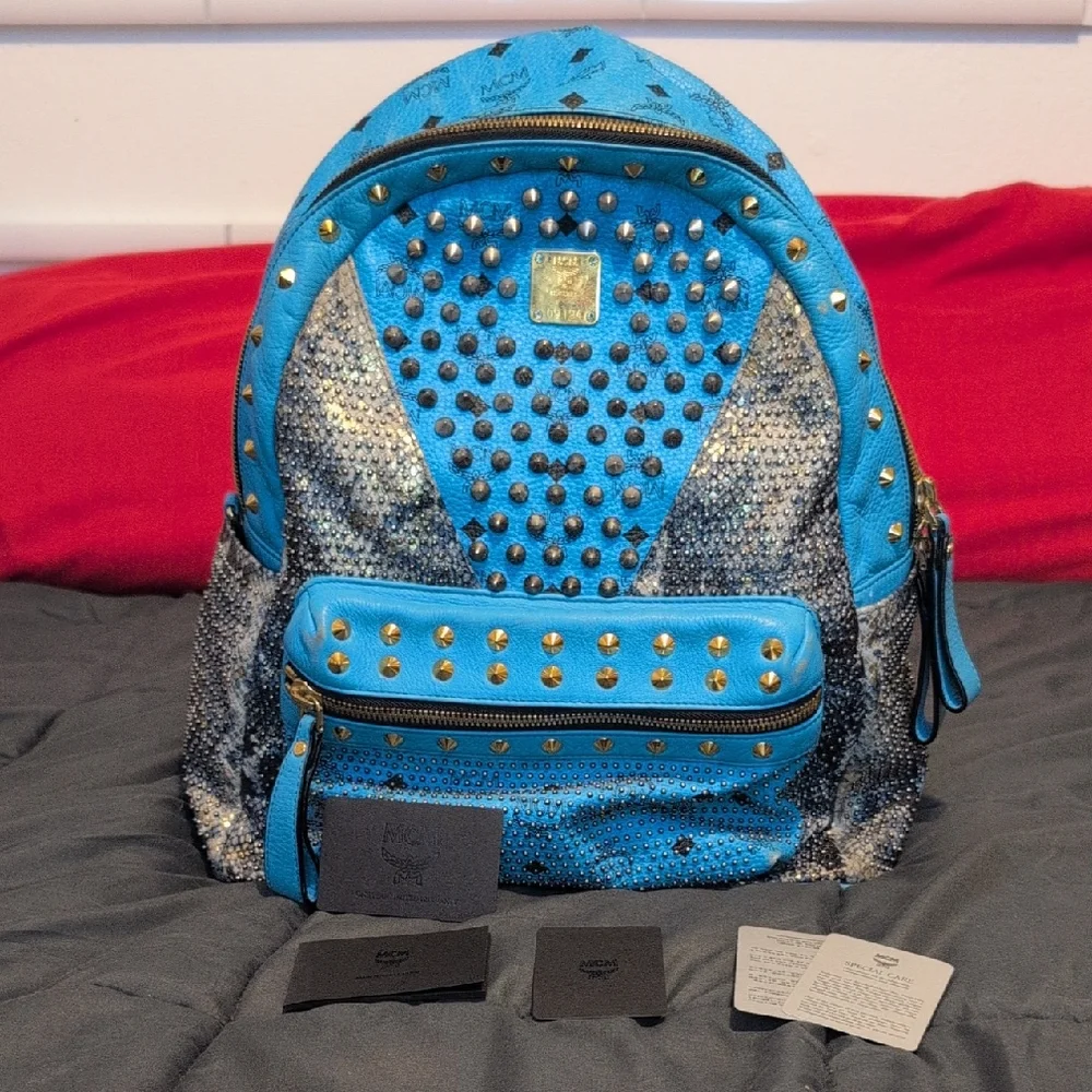 Authentic MCM Visetos Large Side Stud Stark Backpack - Blue! RARE! 🎒